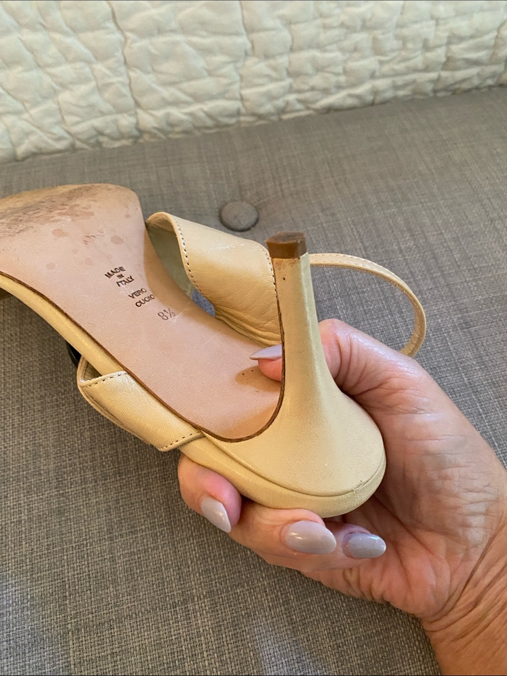 Butter Beige Slingback Sandals with Cream and Navy Accent Buckles - Picture 5 of 6